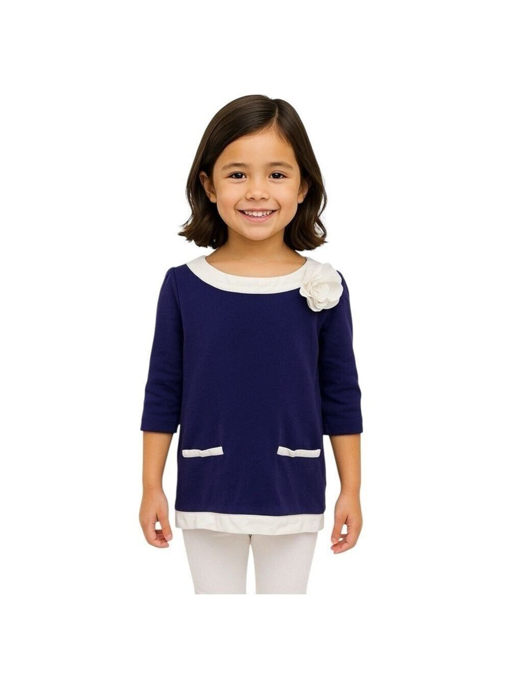 Janie and Jack Girl’s Navy Blue & White Flower Trim Blouse – Size 6
